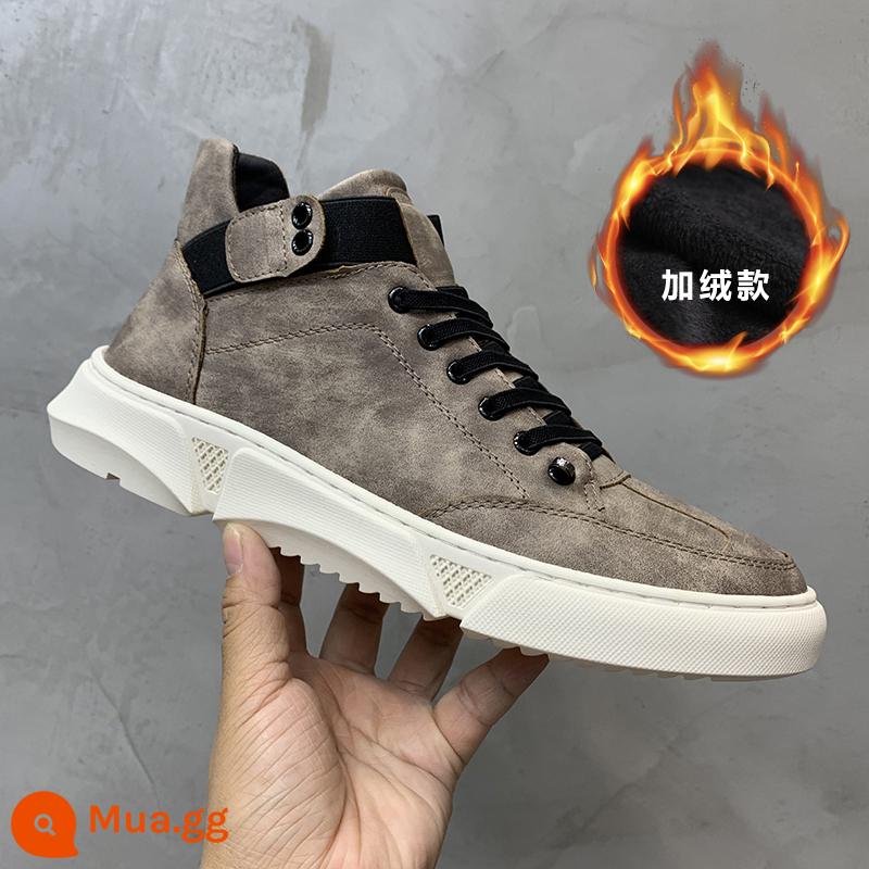 Giày Nam Mùa Thu 2022 Giày Da Mới Hợp Thời Trang Giày Sneakers Nam Giày Ống Cao Giày Lưới Màu Đỏ Phong Cách Thời Trang Nam - Kaki mùa đông cộng với lông cừu