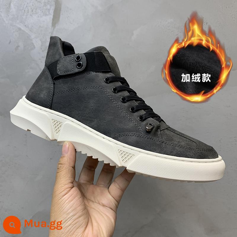 Giày Nam Mùa Thu 2022 Giày Da Mới Hợp Thời Trang Giày Sneakers Nam Giày Ống Cao Giày Lưới Màu Đỏ Phong Cách Thời Trang Nam - Phong cách mùa đông màu xám cộng với nhung