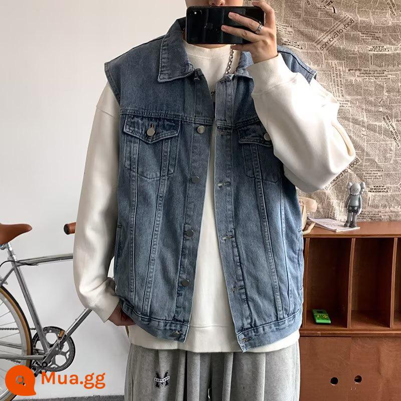 Mùa xuân và mùa thu áo khoác denim dáng rộng mới cho nam xu hướng áo khoác công cụ phiên bản Hàn Quốc phù hợp với tất cả quần áo giản dị phong cách Hồng Kông - Áo vest xanh (xanh nhạt)