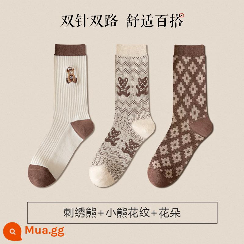 Vớ cà phê, cotton cotton mùa xuân và mùa thu, tất trong tất xốp tất, khóa và mùa đông đôi -Ống dài ống dài - Gấu thêu + họa tiết gấu + hoa