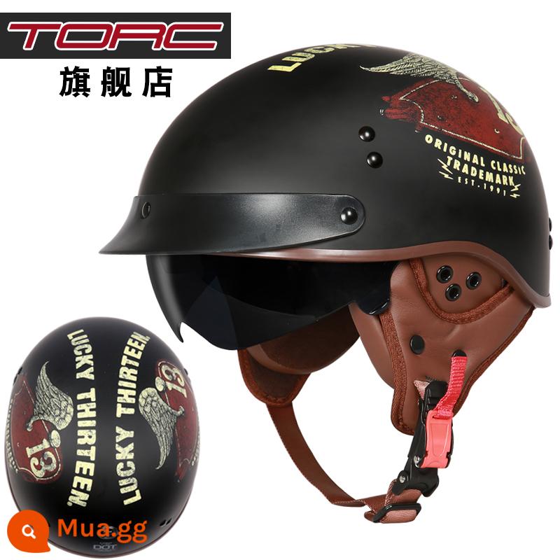 TORC đầu máy xe lửa Retro Mũ bảo hiểm nam nữ Harley Mũ bảo hiểm nửa mùa đông xe điện xe máy muỗng Mũ bảo hiểm 3C bốn mùa - Lucky 13 màu đen mờ có bảo vệ tai