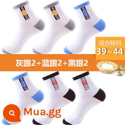 Tất Langsha nam cotton nguyên chất đến giữa bắp chân thể thao nam dày dặn mùa thu đông cotton thấm hút mồ hôi và khử mùi mùa hè mỏng - D-trắng xanh 2 trắng xám 2 trắng đen 2