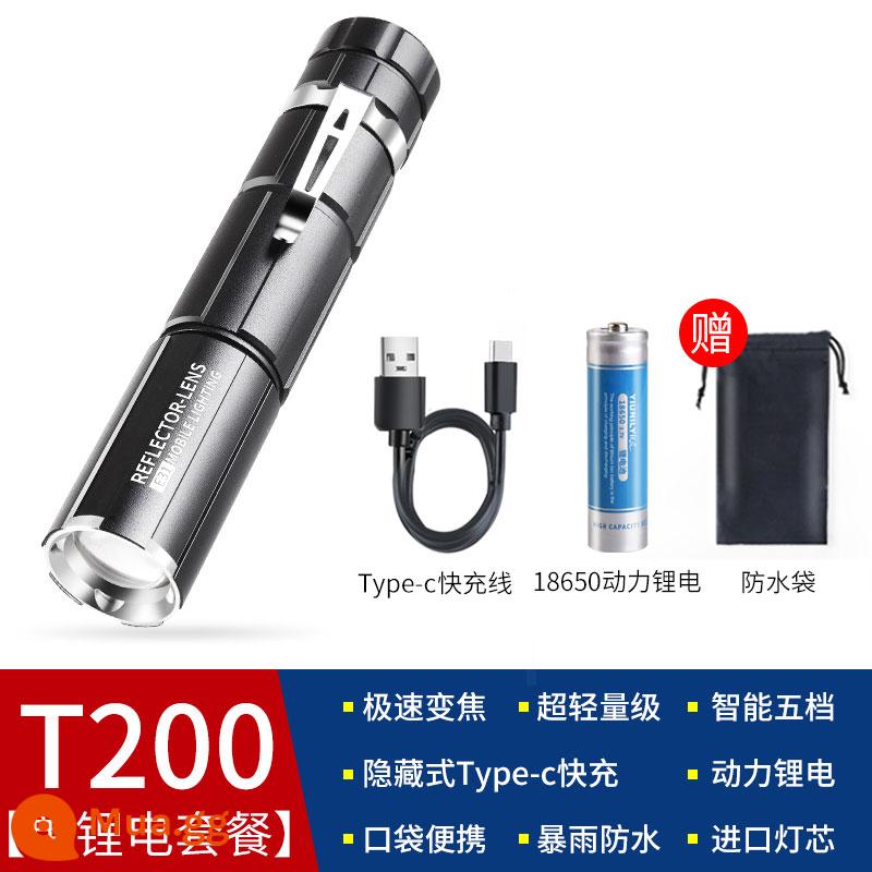 Đèn pin siêu sáng Rini sạc ngoài trời nhỏ chống chói mini nhỏ bền pin xenon di động chiếu sáng xa - [Gói pin lithium đơn ba] Pin lithium T200-18650 - zoom siêu cơ học - chế độ sạc ẩn