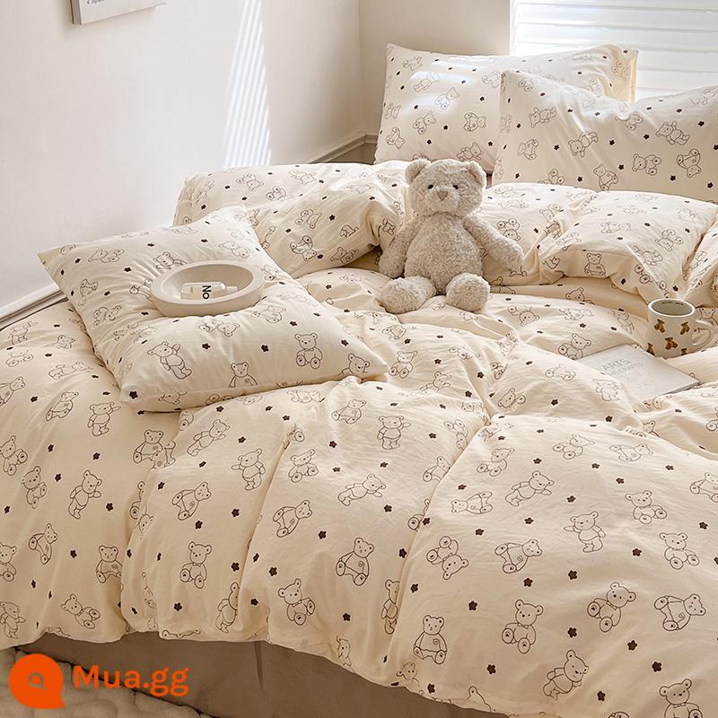 Loại A Bộ bốn mảnh sợi hai lớp đã giặt bằng vải cotton Vỏ chăn ga trải giường dễ thương tươi mới trong ký túc xá Bộ ba mảnh bằng cotton nguyên chất - Dean Bear [Sợi hai lớp loại A]