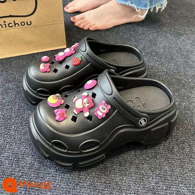 Trang phục ngoài trời dành cho nữ với Crocs dậm phân cho mùa hè, khóa hoa hoạt hình dễ thương, đế dày nổi tiếng trên Internet, dép xỏ ngón có túi hai mũi đi biển đa năng - Đen [Nút hoa gấu dâu]