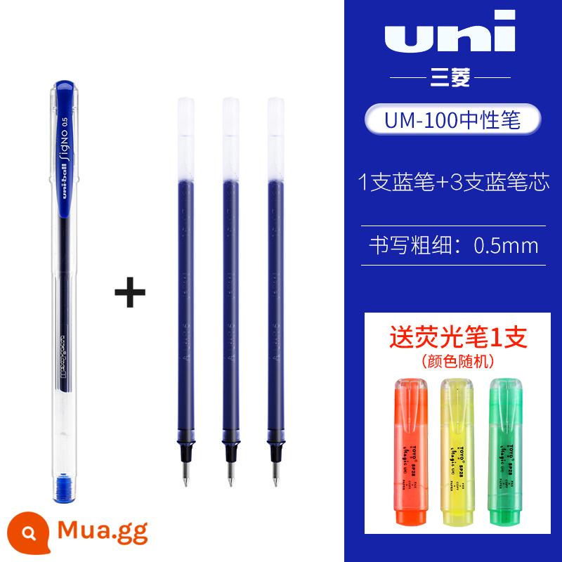 Nhật Bản UNIball Mitsubishi bút trung tính um100 bộ bút màu đen bộ bút chấm thi học sinh với bút ký màu đỏ, xanh và đen đơn giản bút ký đầu đạn bút ký văn phòng bút nước bút văn phòng phẩm bút mực nước 0,5mm nạp lại - 1 bút màu xanh + 3 lần nạp lại (bút đánh dấu miễn phí*1)