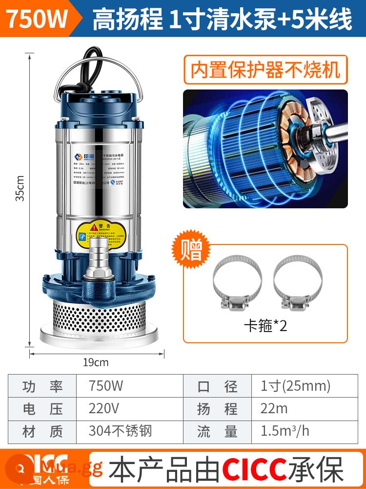 Máy bơm chìm Chenyuan thép không gỉ 220 v hộ gia đình máy bơm nước giếng nhỏ tưới tiêu nông nghiệp nâng cao máy bơm nước thải - [Cao nâng] ✅Dây 750W 1 inch 5 mét + kẹp