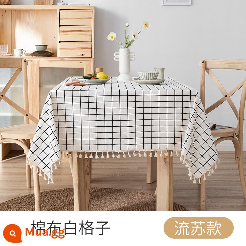 Khăn trải bàn bằng vải lanh và cotton kiểu Nhật ins gió hình chữ nhật retro ký túc xá bàn học sinh khăn trải bàn phòng ngủ lưới hoạt hình màu đỏ thảm trải bàn - Kẻ sọc trắng tua rua-cotton