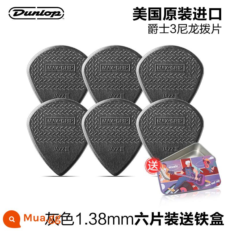 Sáu mảnh Dunlop Nylon do Mỹ sản xuất Dunlop nylon mái chèo bom tốc độ chống trượt điện gỗ đàn guitar ngón tay mảnh mùa xuân - [Gói sáu chiếc] JAZZ III nylon màu xám 1.38mm + hộp sắt