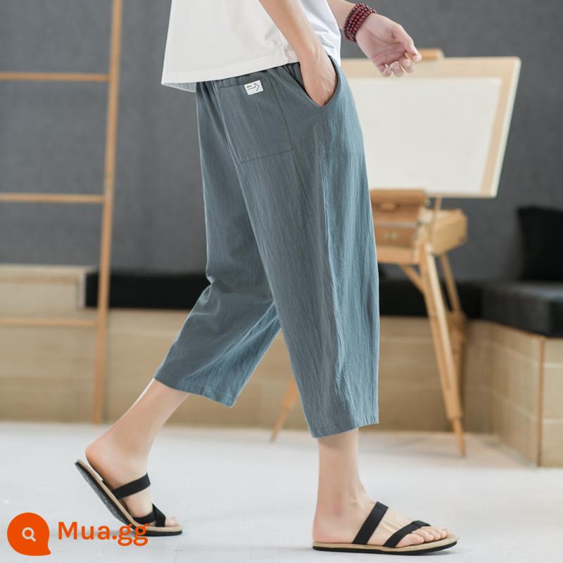 Quần vải lanh quần đùi nam quần crop mùa hè cotton mỏng và vải lanh quần năm điểm quần thể thao thông thường thẳng rộng quần bảy điểm - cái hồ màu xanh