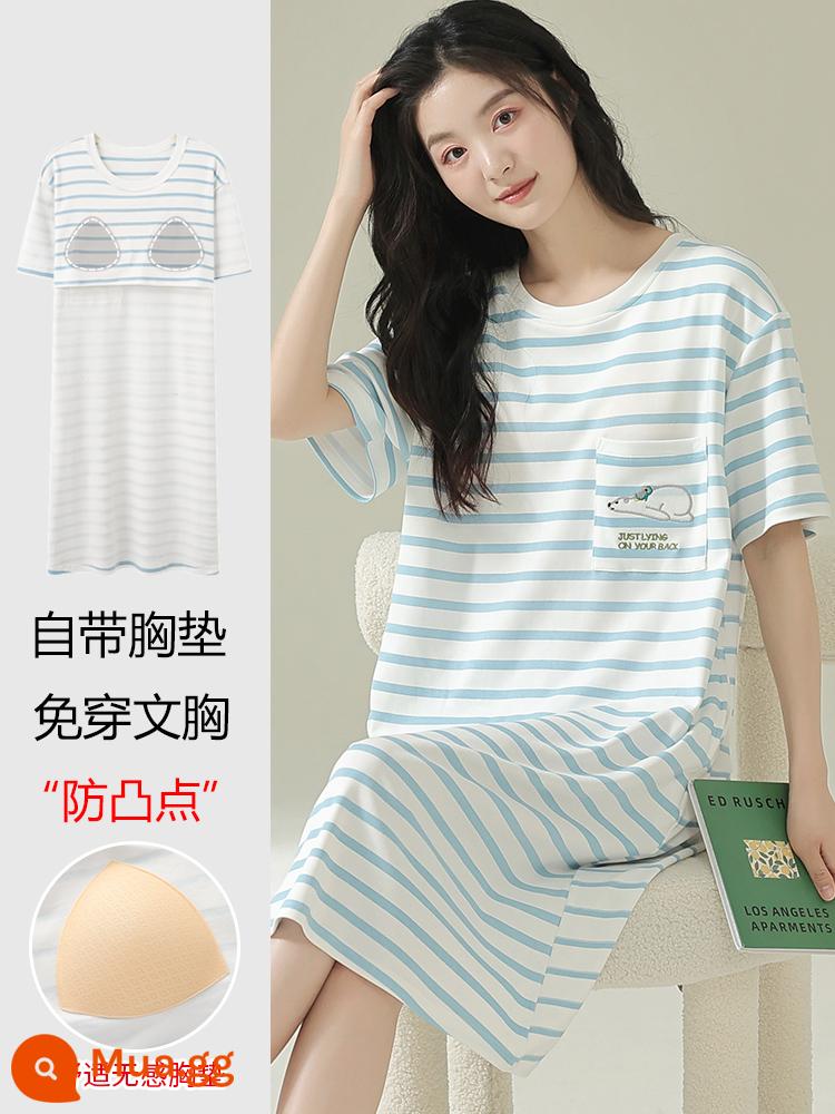 Váy ngủ Nanjiren mùa hè cho nữ cotton nguyên chất ngắn tay đệm ngực mùa hè XL sọc chất lượng cao có thể mặc bên ngoài bộ đồ ngủ - NJR-MG5359