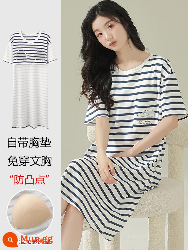 Váy ngủ Nanjiren mùa hè cho nữ cotton nguyên chất ngắn tay đệm ngực mùa hè XL sọc chất lượng cao có thể mặc bên ngoài bộ đồ ngủ - NJR-MG5358