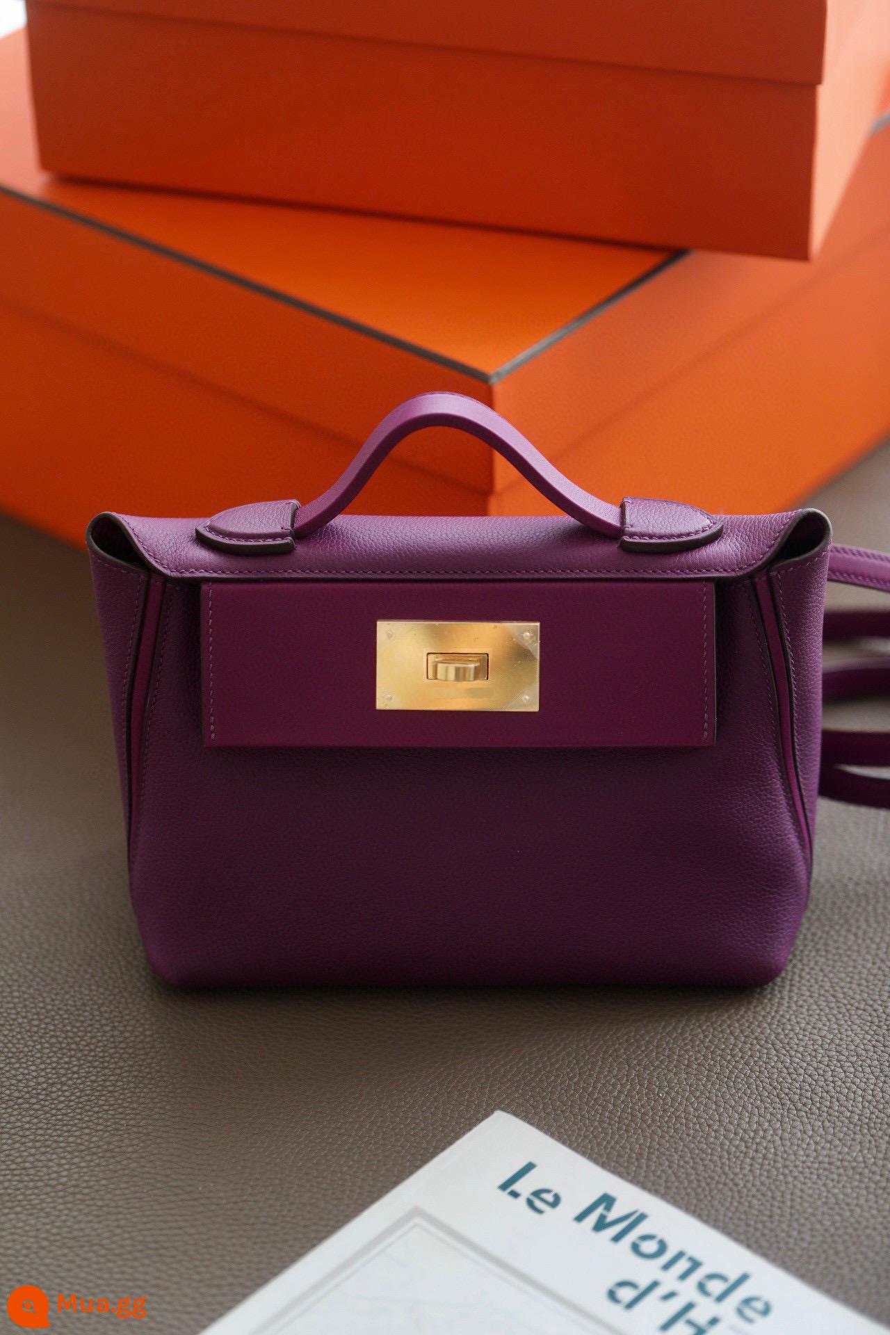 Gia đình H mới Túi xách mini Kelly 2424mini Túi Kelly xách tay Messenger da bò nguyên miếng full tay đường chỉ sáp - Anemone Purple Khóa vàng và bạc 21CM Nhận xét