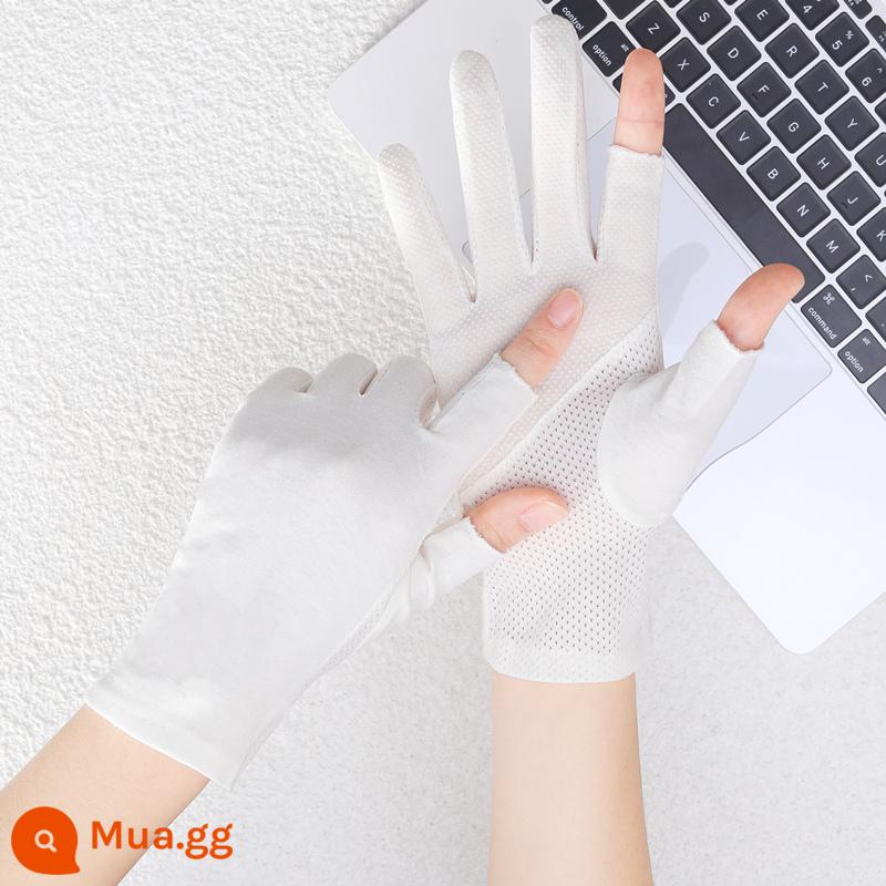 Găng tay chống nắng chống tia cực tím mỏng cho nữ khi lái xe và cưỡi ngựa hái chè làm móng cotton chống trượt tay áo thoáng khí màn hình cảm ứng cho nữ - Viền lưới cotton trơn màu trắng (ngón tay lộ ra 23cm)