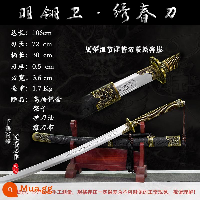 Tang Hengdao Longquan Town House Sword tích hợp kiếm thêu lò xo dao thép mangan Tang gươm dao vũ khí lạnh tự vệ không có lưỡi - Bảo vệ lông vũ màu xanh đậm [Thêu phong cách mùa xuân]