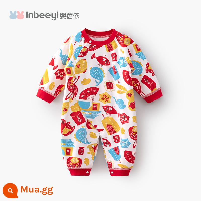 Baby Beiyi baby jumpsuit bé trăng tròn trăm ngày quần áo siêu dễ thương chúc mừng năm mới áo liền quần mùa xuân và mùa thu cotton nguyên chất lớp a - Chúc may mắn