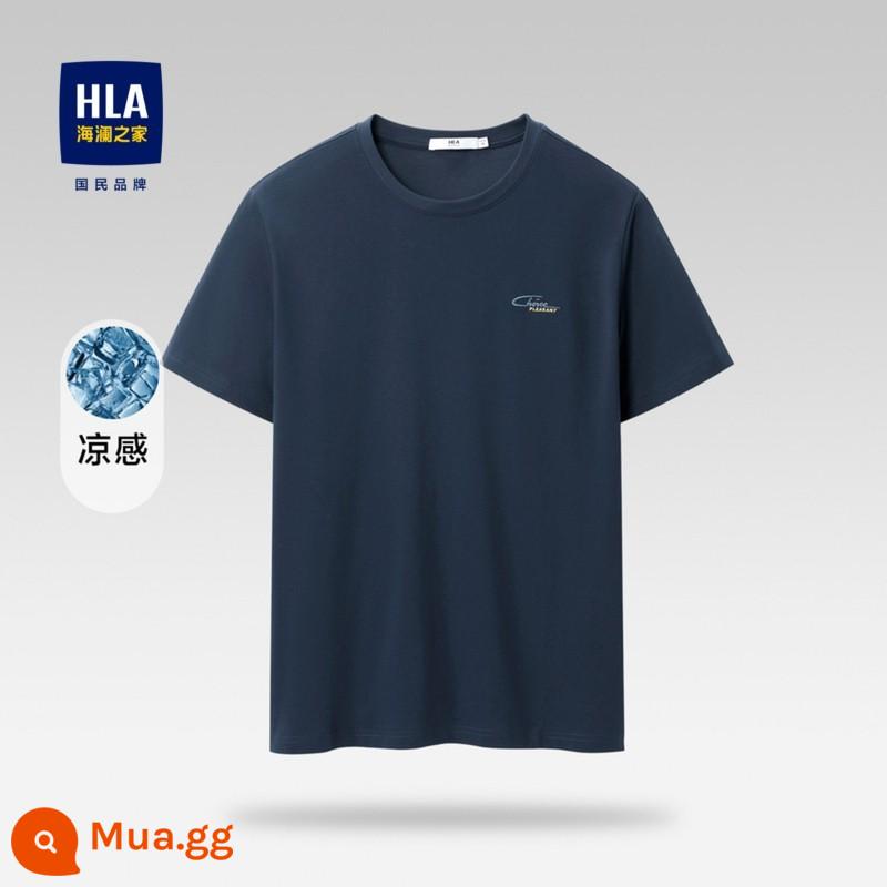 HLA/Heilan Nhà Nam Cotton Nguyên Chất Áo Thun Tay Ngắn Mùa Hè 2024 Màu Cổ Tròn Đơn Giản In Chữ Hàng Đầu dành Cho Nam - Xanh đậm 93 [Phong cách mới 2024]