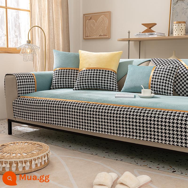 Đệm sofa Houndstooth bốn mùa đa năng viền 2021 mới đơn giản hiện đại đệm khăn bọc sofa mùa đông - Chenille Houndstooth-Aqua