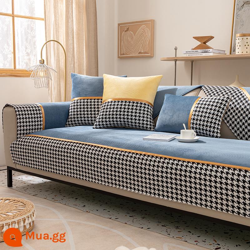 Đệm sofa Houndstooth bốn mùa đa năng viền 2021 mới đơn giản hiện đại đệm khăn bọc sofa mùa đông - Chenille Houndstooth-Đại Dương Xanh