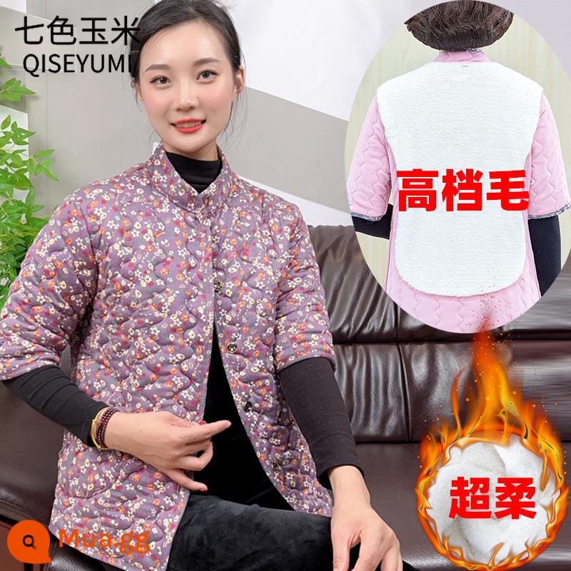 Áo vest cotton mùa đông cho mẹ trung niên Áo khoác cotton ngắn tay dày dặn của phụ nữ Áo khoác mùa thu đông trung niên và người cao tuổi 50 cộng với áo vest cotton nhung - tím đậm