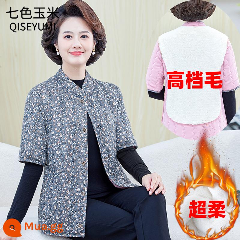 Áo vest cotton mùa đông cho mẹ trung niên Áo khoác cotton ngắn tay dày dặn của phụ nữ Áo khoác mùa thu đông trung niên và người cao tuổi 50 cộng với áo vest cotton nhung - xanh xám