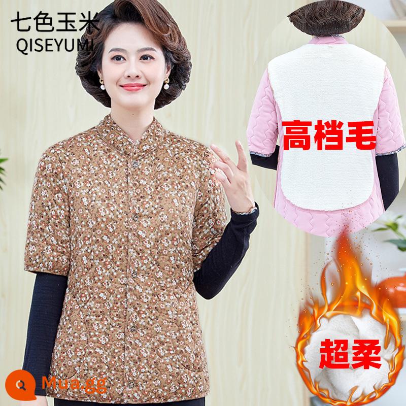 Áo vest cotton mùa đông cho mẹ trung niên Áo khoác cotton ngắn tay dày dặn của phụ nữ Áo khoác mùa thu đông trung niên và người cao tuổi 50 cộng với áo vest cotton nhung - màu vàng