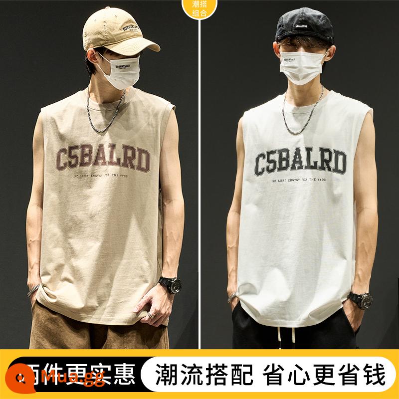 Áo vest bé trai Mỹ triều thương hiệu chữ rời hip-hop vest cotton mùa hè xu hướng thể thao áo khoác ngoài áo thun không tay - Khaki + Trắng [Mua hai chiếc, giảm 10 nhân dân tệ]