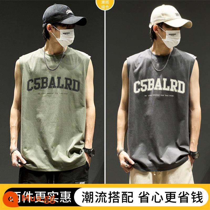 Áo vest bé trai Mỹ triều thương hiệu chữ rời hip-hop vest cotton mùa hè xu hướng thể thao áo khoác ngoài áo thun không tay - Xanh + xám đậm [Mua hai chiếc, giảm 10 tệ]