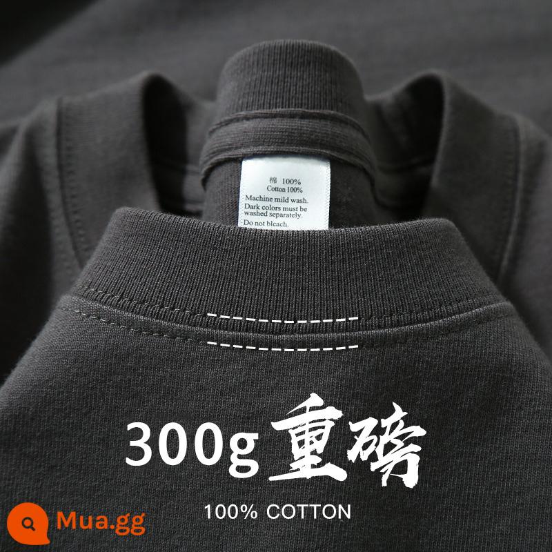 Áo thun cotton dài tay cổ tròn nặng 300g cotton Tân Cương dành cho nam và nữ dáng rộng thông thường, áo thun có đáy cỡ lớn hàng đầu hợp thời trang - Tay áo dài màu xám đậm 300g cotton nặng