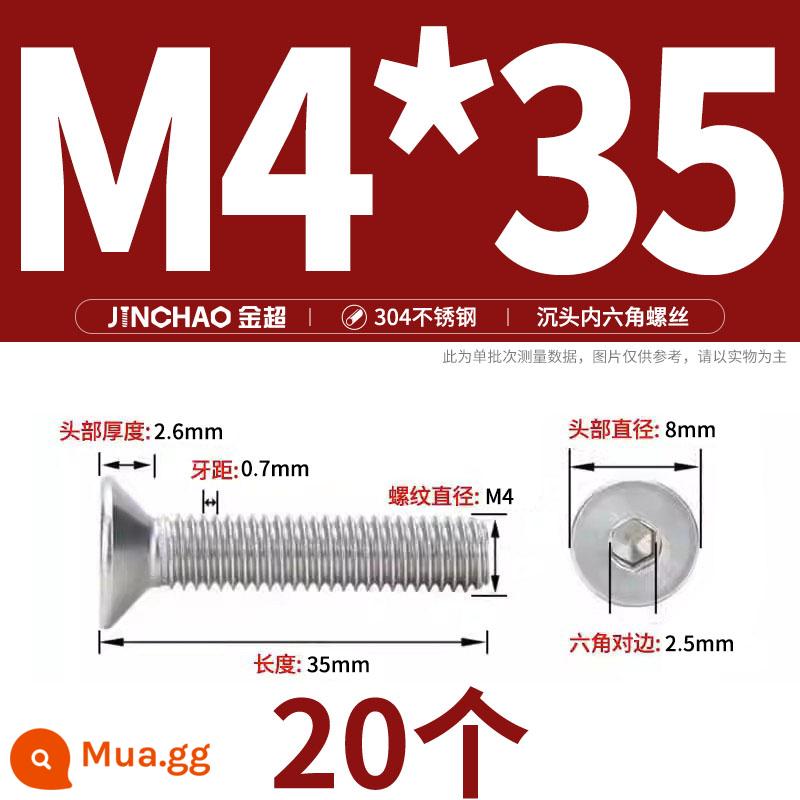 Jinchao 304 thép không gỉ chìm đầu vít lục giác bu lông đầu phẳng phẳng cốc vít M2.5M34M6M8M10M12 - M4*35(20 cái)