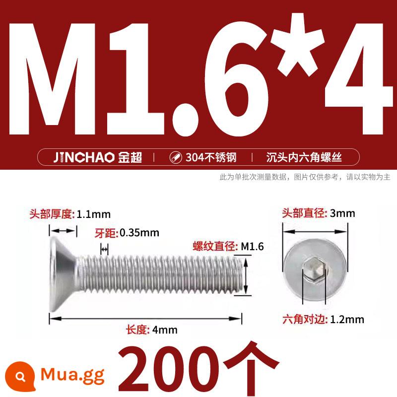 Jinchao 304 thép không gỉ chìm đầu vít lục giác bu lông đầu phẳng phẳng cốc vít M2.5M34M6M8M10M12 - M1.6*4(200 miếng)