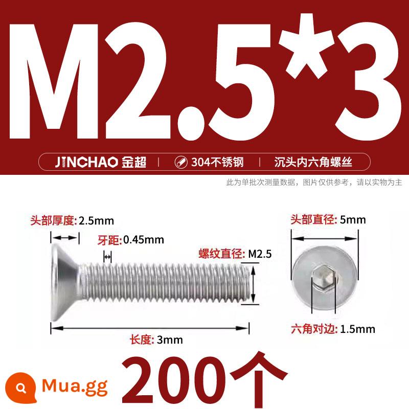 Jinchao 304 thép không gỉ chìm đầu vít lục giác bu lông đầu phẳng phẳng cốc vít M2.5M34M6M8M10M12 - M2.5*3(200 cái)