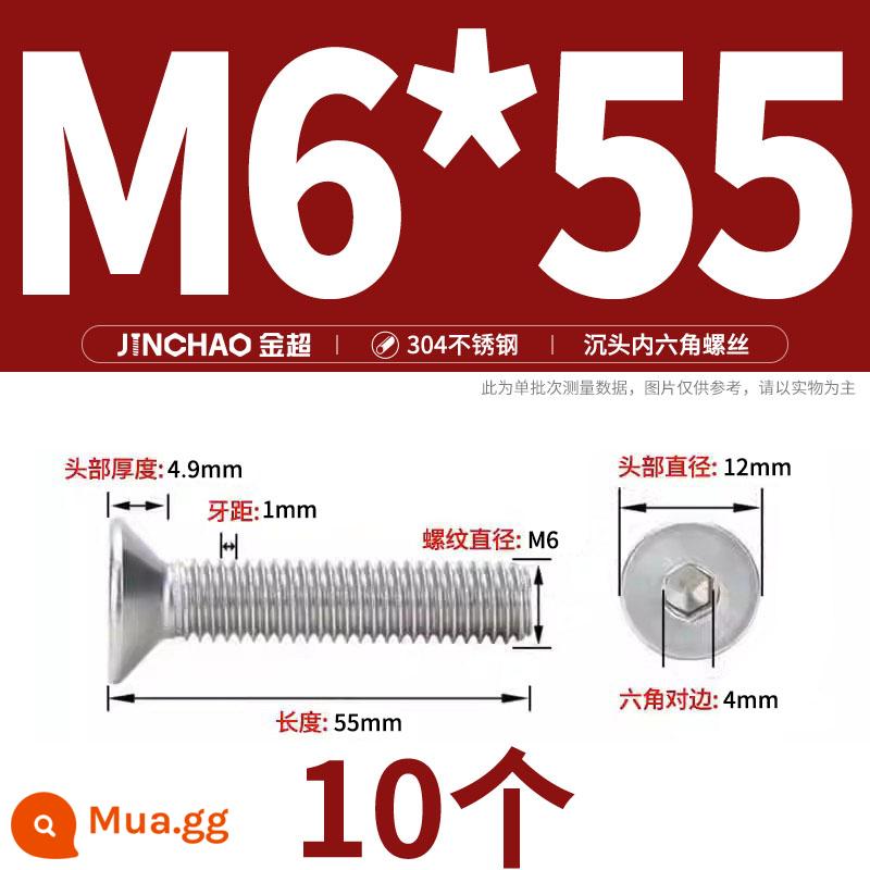 Jinchao 304 thép không gỉ chìm đầu vít lục giác bu lông đầu phẳng phẳng cốc vít M2.5M34M6M8M10M12 - M6*55(10 cái)