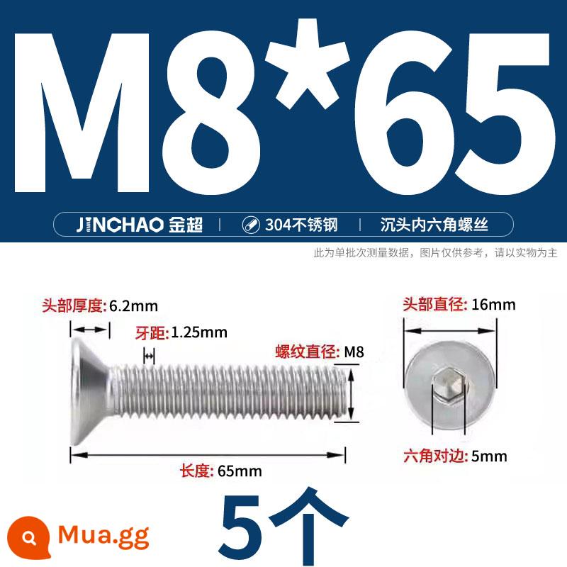 Jinchao 304 thép không gỉ chìm đầu vít lục giác bu lông đầu phẳng phẳng cốc vít M2.5M34M6M8M10M12 - M8*65(5 cái)