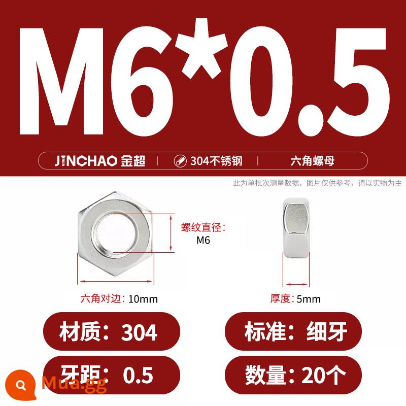 Bu lông đai ốc lục giác inox 304 316 đai ốc mũ vít M3M4M5M6M8M10M12-M33 - M6*0.5 (20 miếng) răng mịn