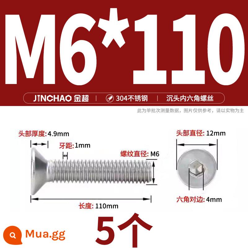 Jinchao 304 thép không gỉ chìm đầu vít lục giác bu lông đầu phẳng phẳng cốc vít M2.5M34M6M8M10M12 - M6*110(5 cái)