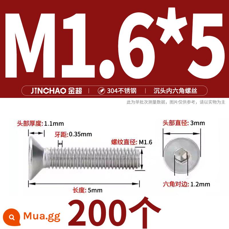 Jinchao 304 thép không gỉ chìm đầu vít lục giác bu lông đầu phẳng phẳng cốc vít M2.5M34M6M8M10M12 - M1.6*5(200 miếng)