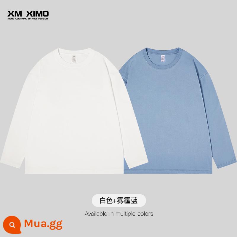 Bộ hai món ~ Áo thun nam ngắn tay màu trắng cotton nguyên chất nặng 355g cổ tròn dáng rộng cho nam giới mùa xuân hè bên trong xếp lớp thương hiệu hợp thời trang - [2 gói❤️245G tay áo dài thông thường] Trắng + Xanh Haze 50