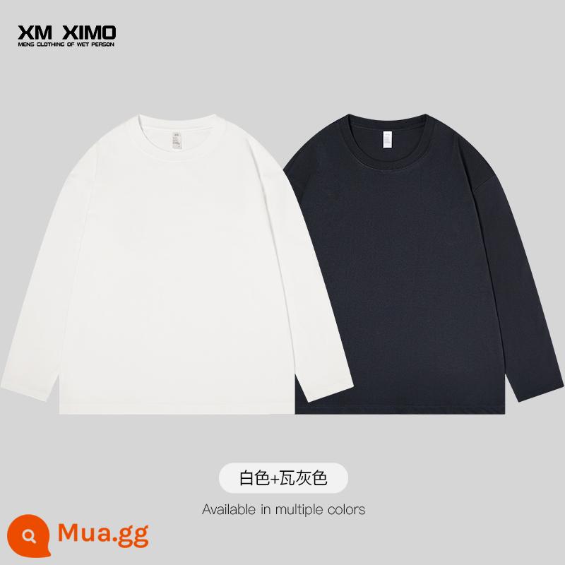 Bộ hai món ~ Áo thun nam ngắn tay màu trắng cotton nguyên chất nặng 355g cổ tròn dáng rộng cho nam giới mùa xuân hè bên trong xếp lớp thương hiệu hợp thời trang - [Gói 2❤️245G Tay Dài Thường] Trắng + Xám Đậm