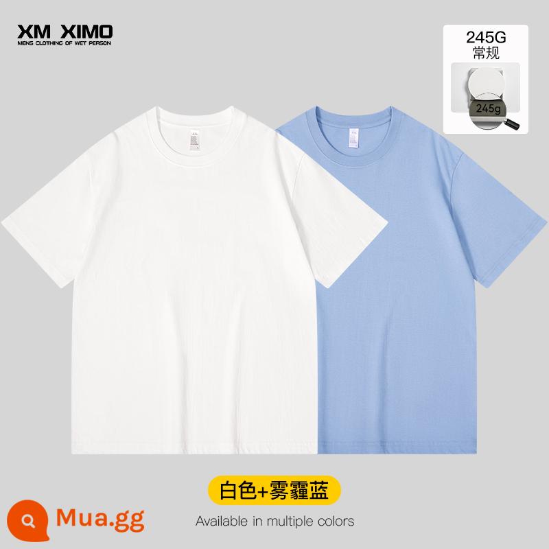 Bộ hai món ~ Áo thun nam ngắn tay màu trắng cotton nguyên chất nặng 355g cổ tròn dáng rộng cho nam giới mùa xuân hè bên trong xếp lớp thương hiệu hợp thời trang - [Gói 2❤️245G Áo Tay Ngắn Thường] Trắng + Xanh Sương