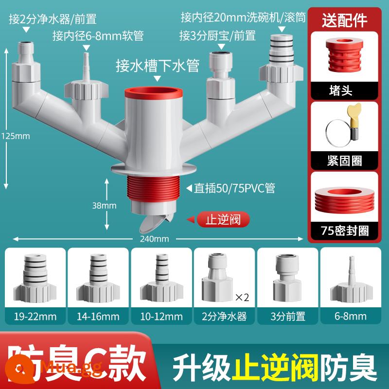 Nhà Bếp Ống Cống 3 Bồn Rửa Bát Thoát Nước 3 Chiều Chống Mùi Hôi Hiện Vật Chống Trở Lại Mùi Nước Phân Phối bồn Rửa Chung Kênh - Nâng cấp [Khử mùi loại C] nối 1-5 ống (có van một chiều) và nhận trọn bộ phụ kiện.