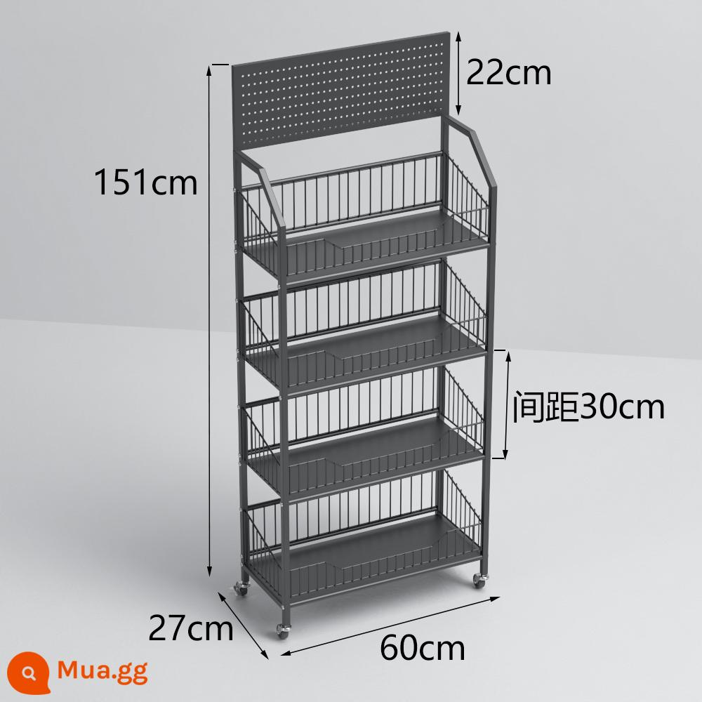 Siêu thị kệ nhỏ cửa hàng tiện lợi giá trưng bày đồ ăn nhẹ và đồ uống giá nhiều lớp móc di động lớp lưu trữ cuối kệ - Tấm sắt gia cố màu đen 60*27*151 có bánh xe, 15 móc miễn phí