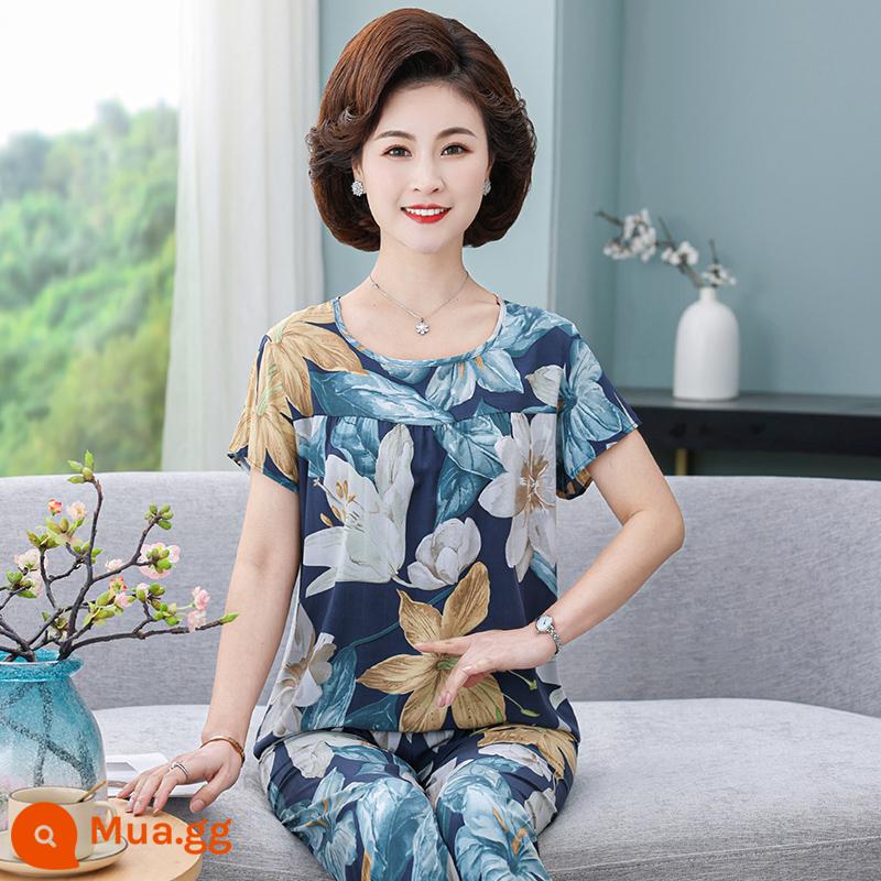 Bộ đồ ngủ lụa cotton cho mẹ của phụ nữ mùa hè mỏng cho người trung niên và người già Bộ quần áo ở nhà bằng cotton nhân tạo 2023 bộ đồ hai mảnh ngắn tay mới - Hương thơm đậm và bóng thưa thớt