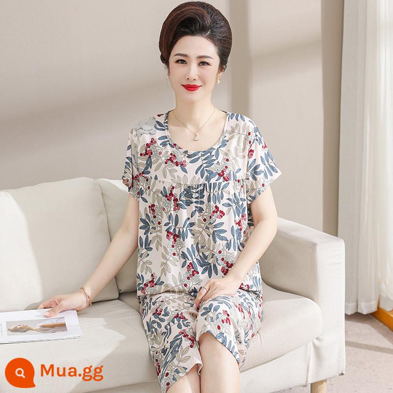 Bộ đồ ngủ lụa cotton cho mẹ của phụ nữ mùa hè mỏng cho người trung niên và người già Bộ quần áo ở nhà bằng cotton nhân tạo 2023 bộ đồ hai mảnh ngắn tay mới - Lưu Mỹ Hoa Minh