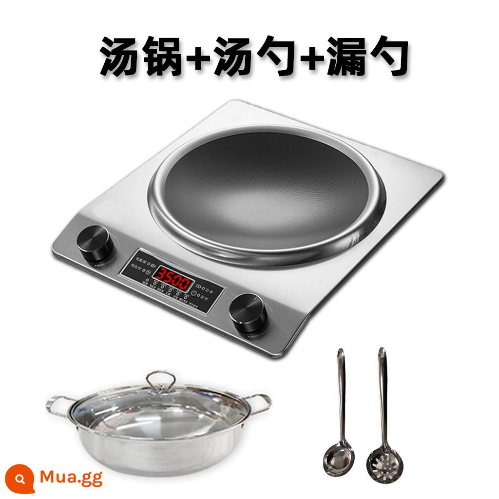 Bếp điện từ hộ gia đình lõm công suất cao 3500W bếp từ dữ dội xào bếp đặc biệt nồi chống thấm nước bếp - Bộ bếp từ + nồi súp + thìa và rây Silver-3500W