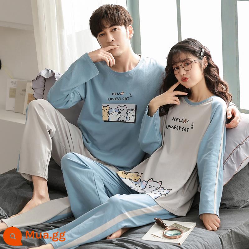 Bộ đồ ngủ cặp đôi mùa xuân và mùa thu áo chui đầu dài tay bằng cotton nguyên chất có thể mặc bên ngoài cho nam và nữ quần áo ở nhà hoạt hình cotton thu đông dễ thương - Cặp đôi TSM96112