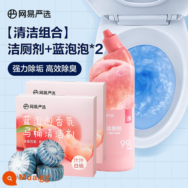 Chất tẩy rửa nhà vệ sinh bong bóng xanh Netease Yanxuan tẩy cặn và khử mùi để lại hương thơm làm sạch nhà vệ sinh Lingjie vật phẩm khử mùi nhà vệ sinh kho báu - Nước tẩy bồn cầu đào trắng*1+Bong bóng xanh 50g*8