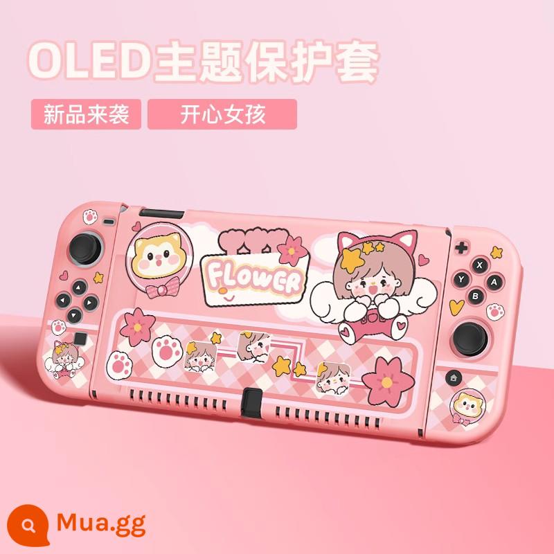 Nintendo Switch Bảo vệ NS NS Shell Switcholed Protective Shell Silicone có thể chèn miếng dán Siwch hai cơ sở tay cầm mềm tay Túi lưu trữ máy chủ mềm - Vỏ mềm nâng cấp SwitchOLED [Happy Girl] đi kèm phim + nắp + chân đế