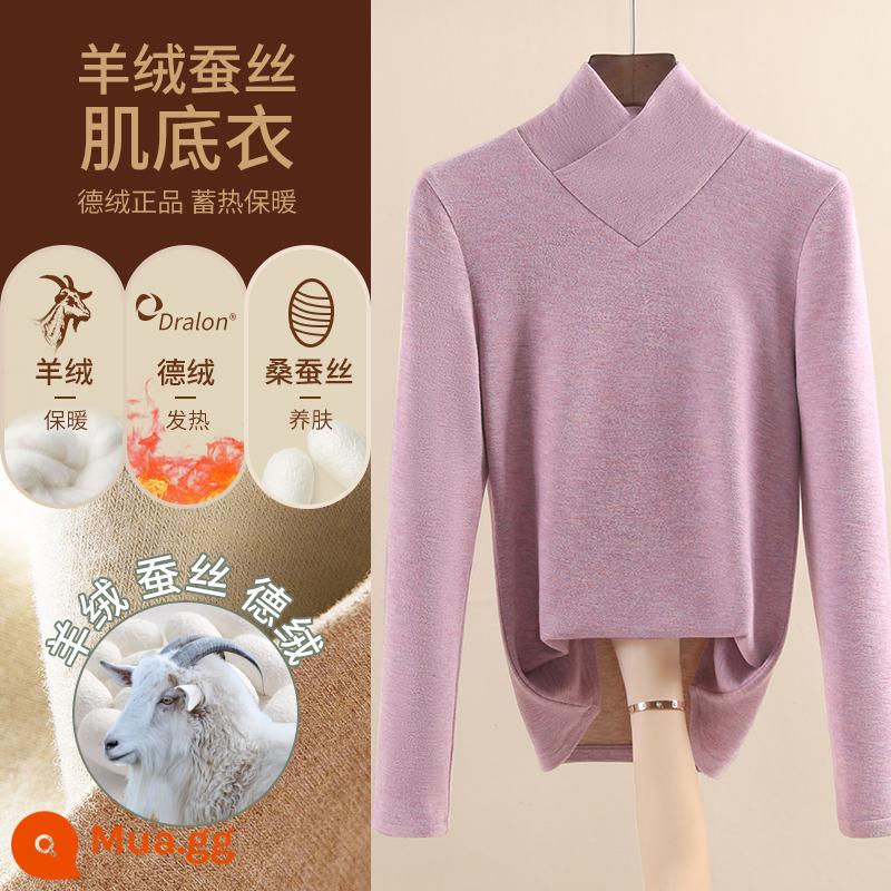 Áo sơ mi nữ đáy nhung lụa cashmere Đức 2022 kiểu mới cộng nhung dày ấm thu đông phong cách nước ngoài - Cổ màu tím/V