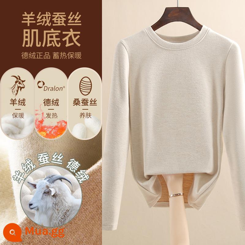 Áo sơ mi nữ đáy nhung lụa cashmere Đức 2022 kiểu mới cộng nhung dày ấm thu đông phong cách nước ngoài - Quả mơ/cổ tròn